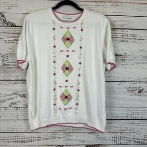 Womens VTG Alfred Dunner White Pink Floral Button Cottage Granny Knit Sweater L